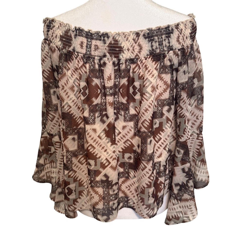 Shyanne Off Shoulder Blouse Womens Medium Brown Aztec Western Boho Bell Sleeve - Picture 4 of 10